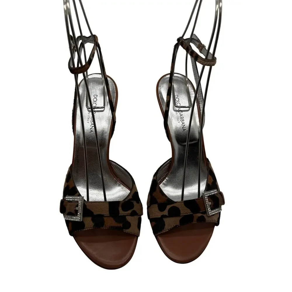 Dolce & Gabbana Leopard Calf Hair Rhinestone Buckle Strappy Heels 37.5 Y2K 2000s